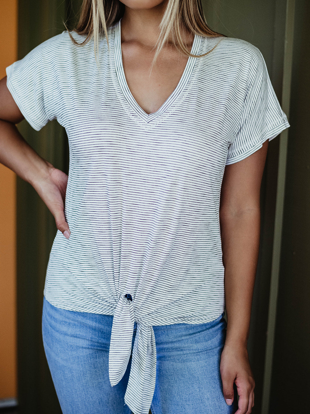 Off White Striped Tee with Front Tie-FINAL SALE