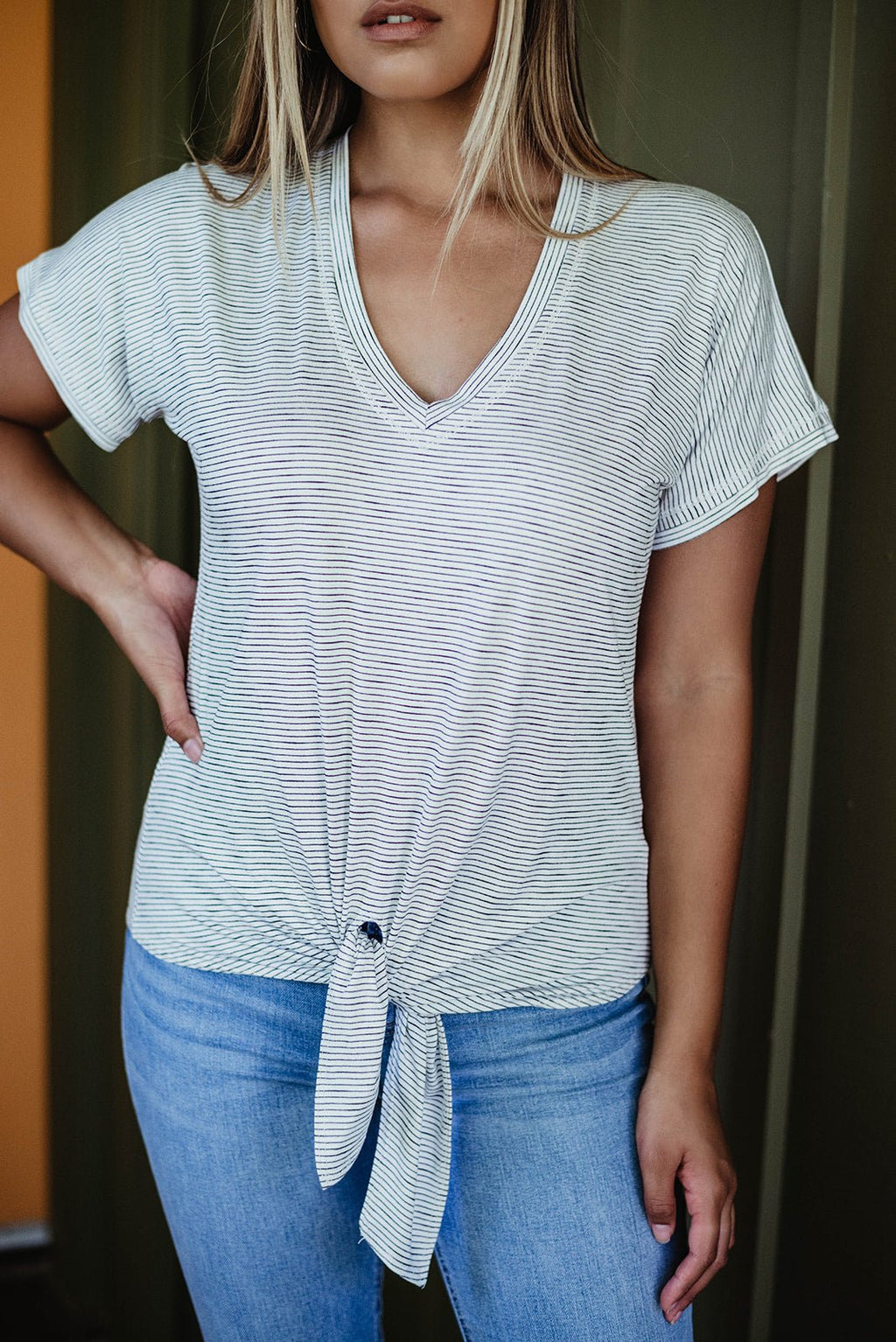 Off White Striped Tee with Front Tie-FINAL SALE