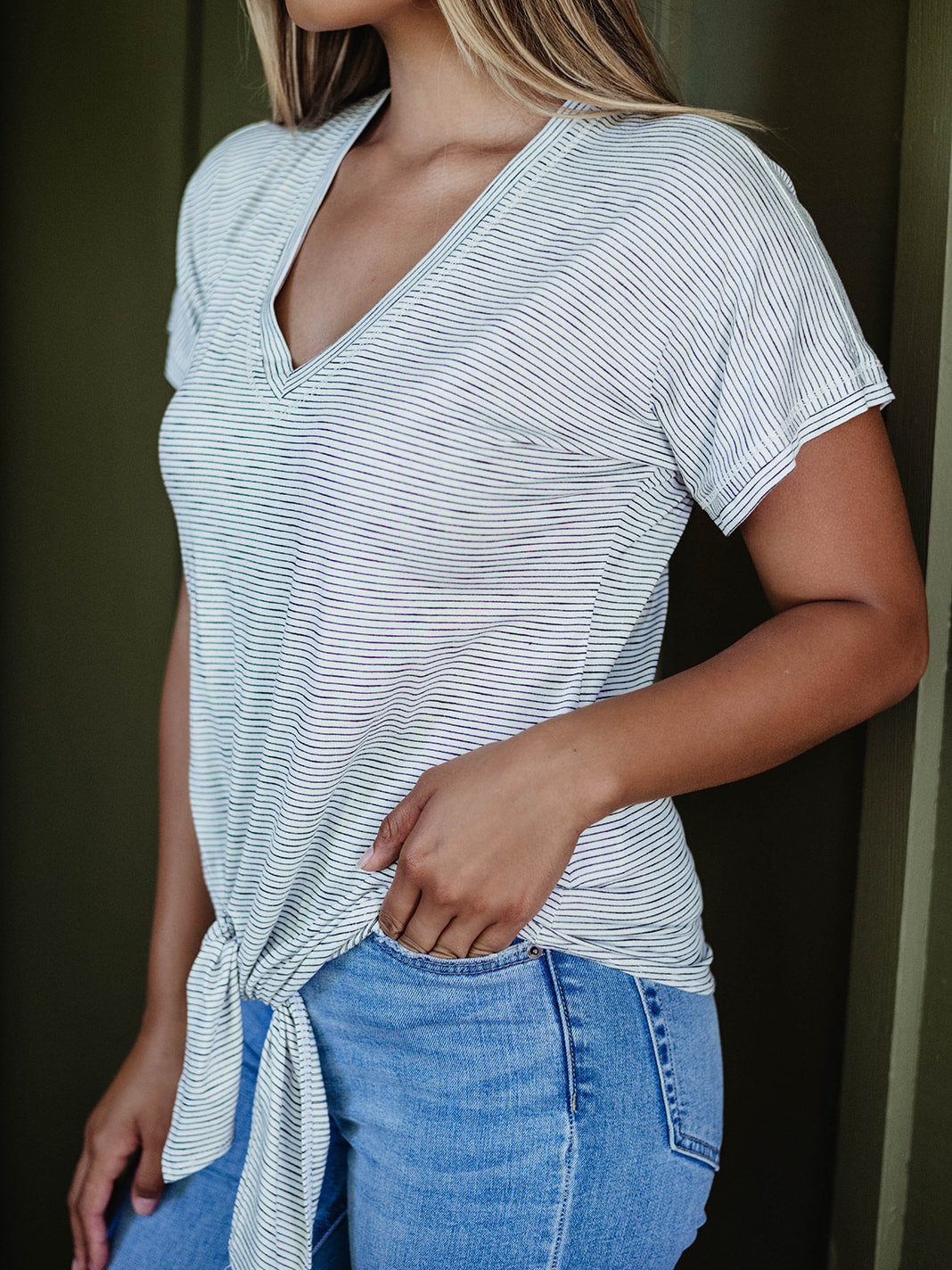 Off White Striped Tee with Front Tie-FINAL SALE