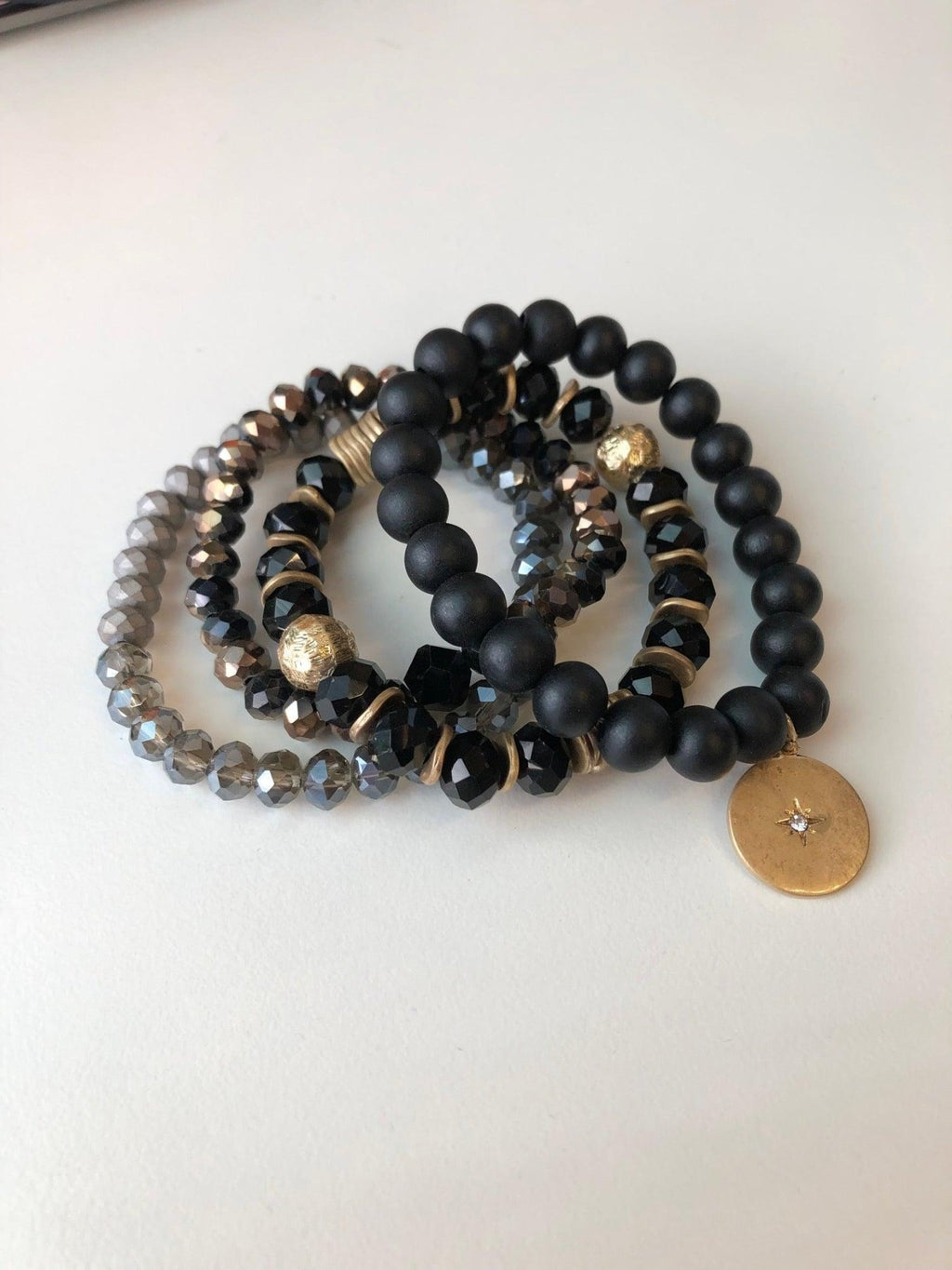 Black and Grey Beaded 4-Layer Bracelet Stack