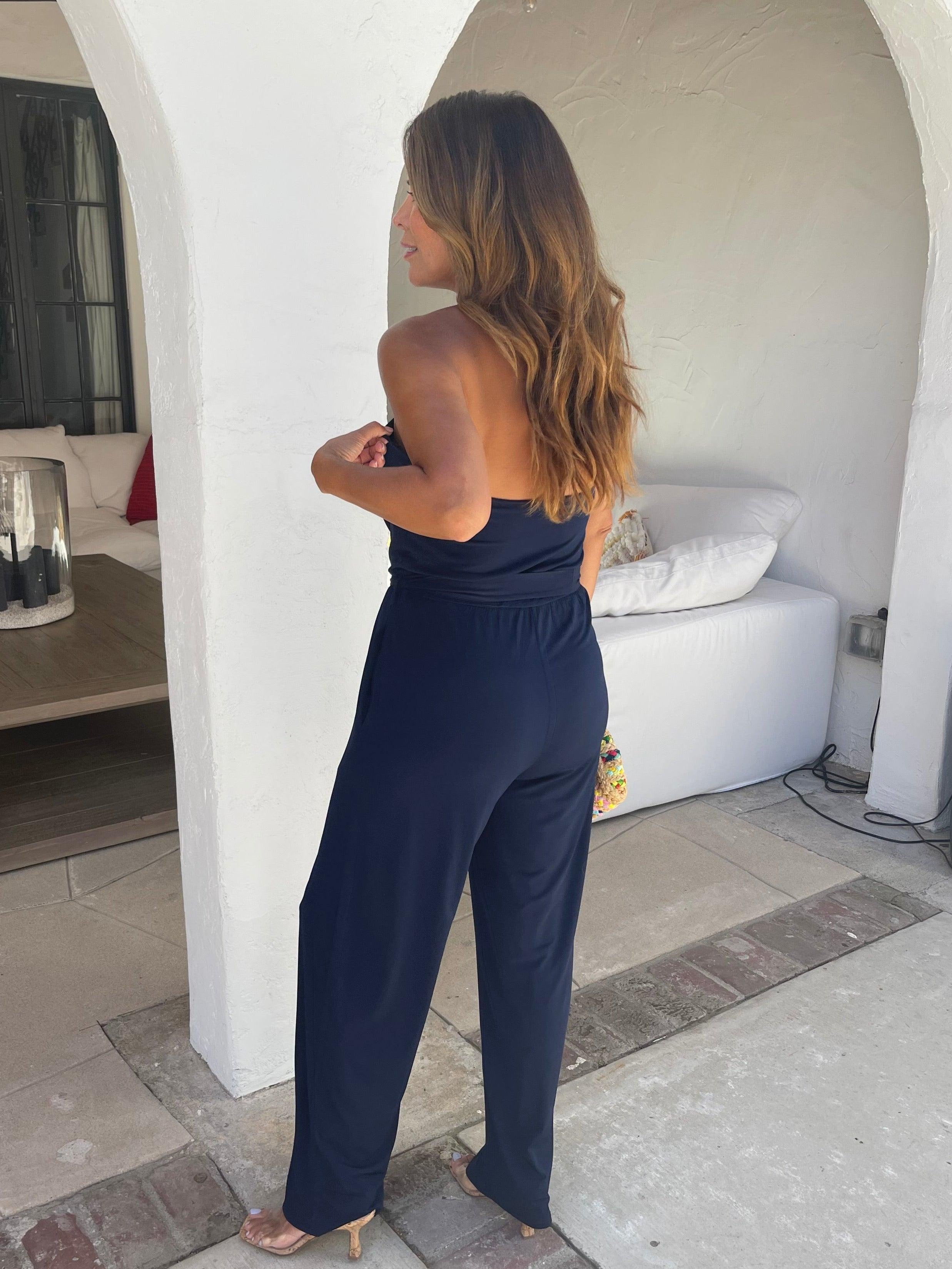 Navy High Neck Halter Stretch Jumpsuit-BEST SELLER