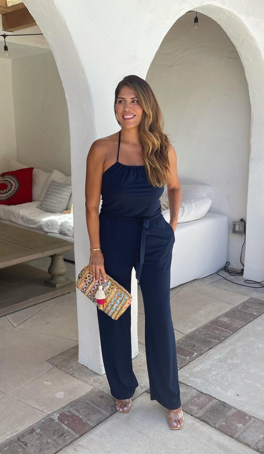 Navy High Neck Halter Stretch Jumpsuit-BEST SELLER