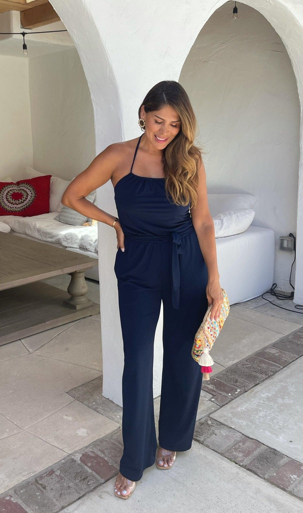 Navy High Neck Halter Stretch Jumpsuit-BEST SELLER