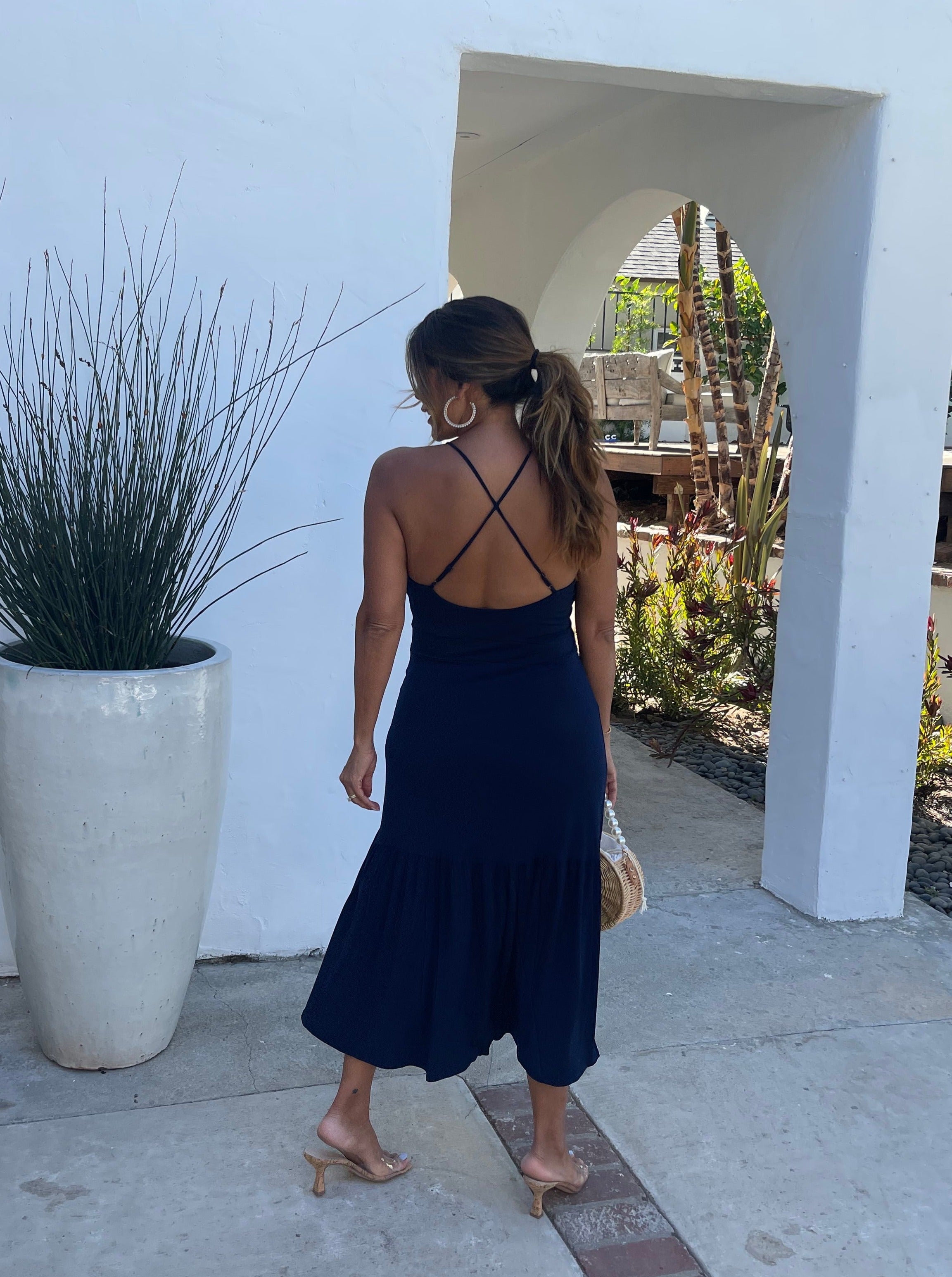 Navy Stretch X Back Midi Dress-FINAL SALE