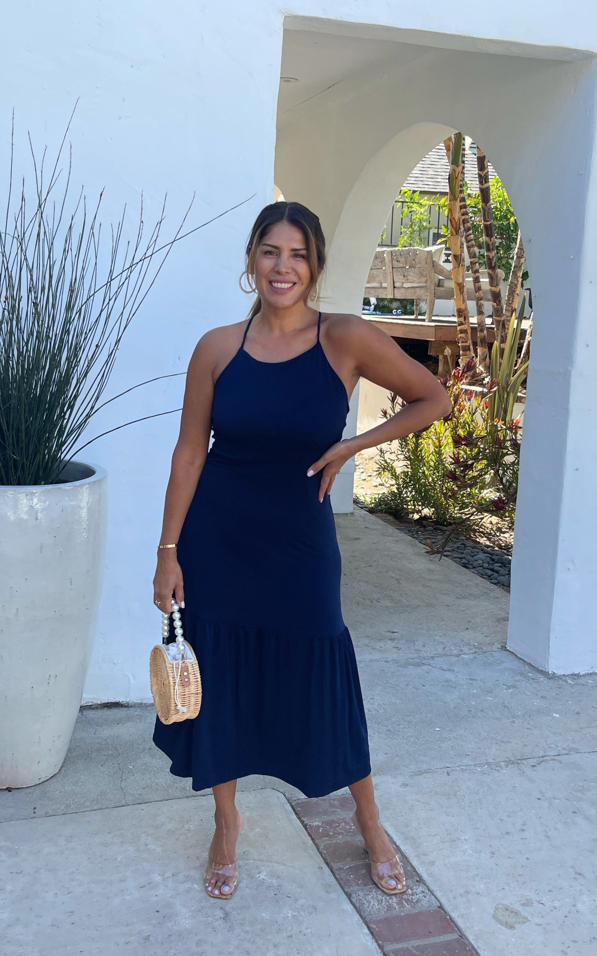 Navy Stretch X Back Midi Dress-FINAL SALE