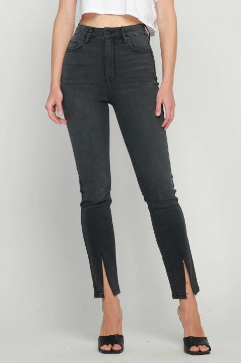 Taylor High Rise Skinny Jean With Front Slit- Black-FINAL SALE