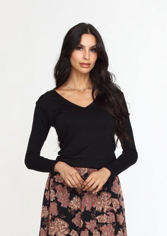 Jersey V-Neck Lined Top-Black-BEST SELLER