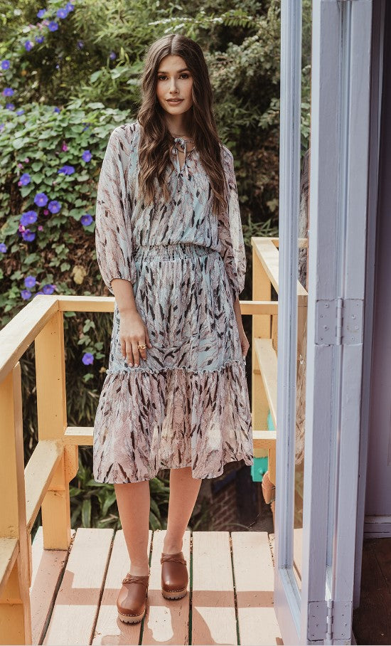 Titania Chiffon Long Sleeve Smocked Midi Dress-FINAL SALE