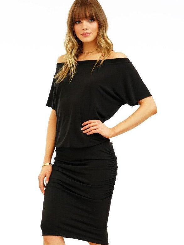 Black OTS Shirred Stretch Dress-BEST SELLER