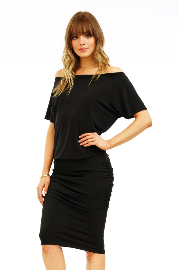 Black Wide Neck Shirred Stretch Dress-BEST SELLER