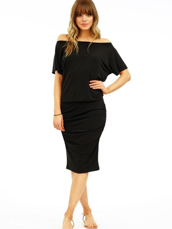 Black OTS Shirred Stretch Dress-BEST SELLER