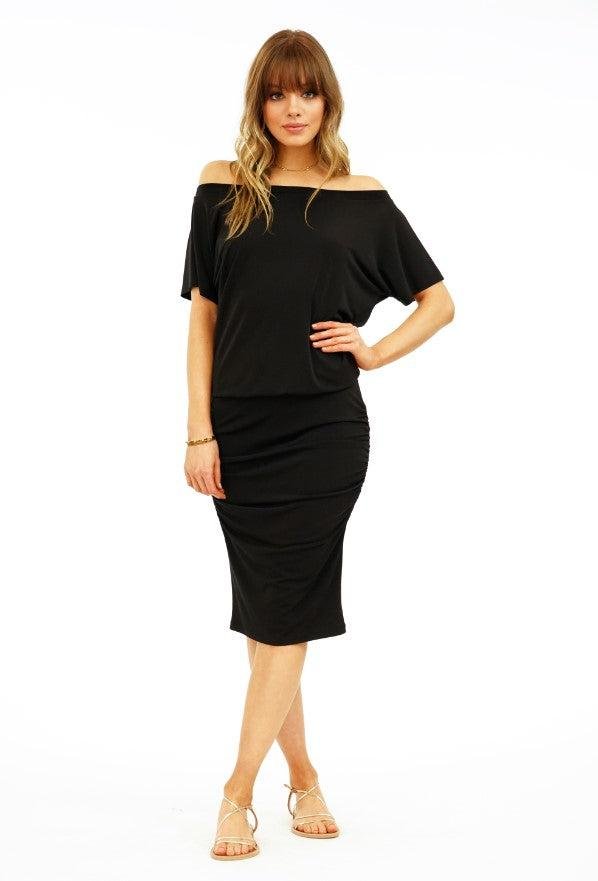 Black OTS Shirred Stretch Dress-BEST SELLER