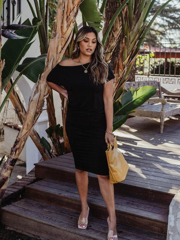 Black OTS Shirred Stretch Dress-BEST SELLER