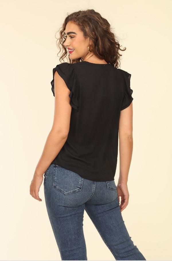 Onyx V-Neck Ruffle Blouse