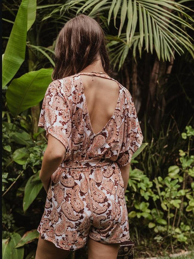 Parton Short Sleeve Open-Back Romper-FINAL SALE