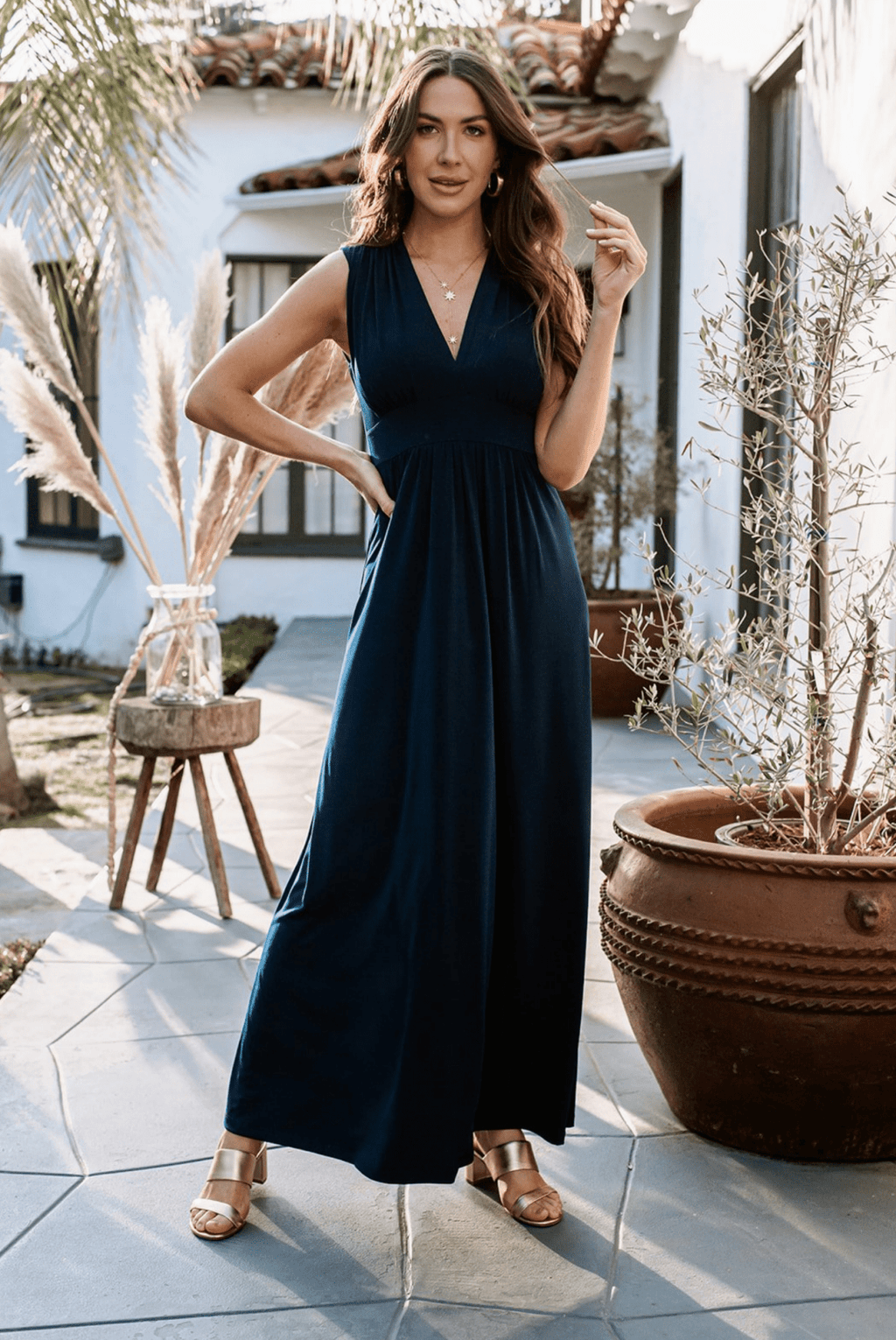 Navy Stretch V-Neck Maxi Dress - BEST SELLER
