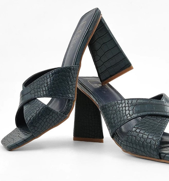 Hunter Green Croc-Print Heels-FINAL SALE