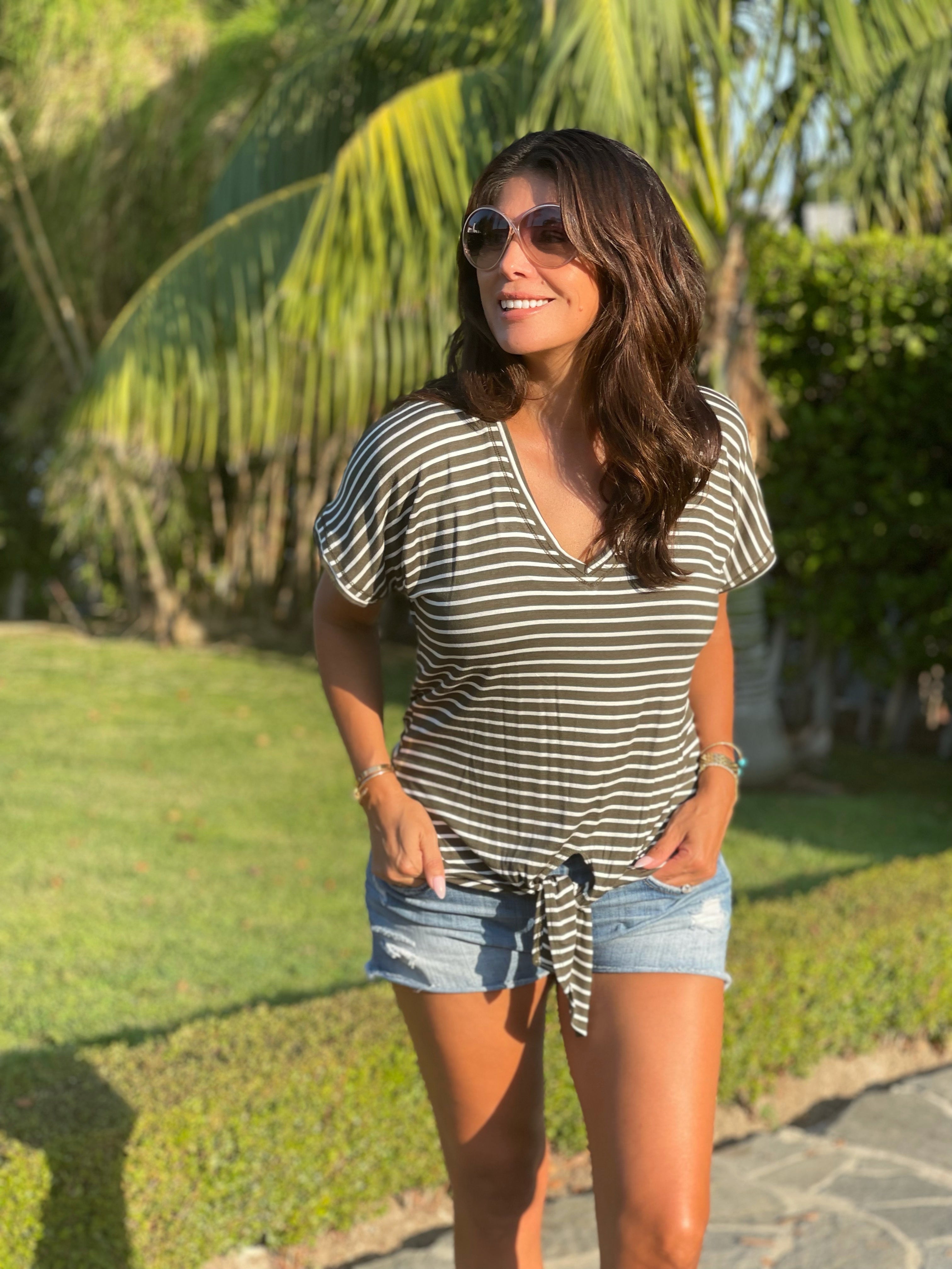 Olive and White Striped Tee With Front Tie-FINAL SALE